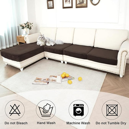 NAISI Waterproof Couch Cushion Covers Thick Velvet Fabric Washable Sofa Slipcovers Sectional Couch Covers for 4 Pieces Separate L Shape Couch Cover with Elastic Bottom(3 Seater + 1 Chaise, Coffee)