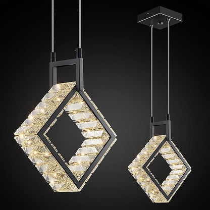 Kitchen Island Mini Light Fixture Modern Led Crystal Pendant Light Black Square Chandelier for Dining Room Living Room Kitchen Bedroom Bar（1-Pack）