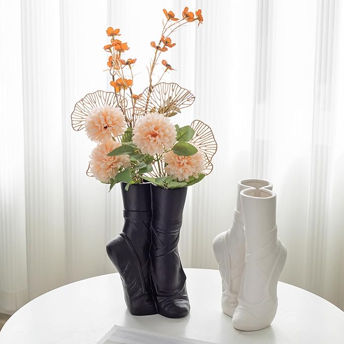 Fantasy Ballet Shoe Modern Ceramic Vase, Nordic Art Ins Style Decorative Aesthetic Foot Flower Vase for Home Living Room Table Bookshelf Decor (Matte Black W 6" X H 9")