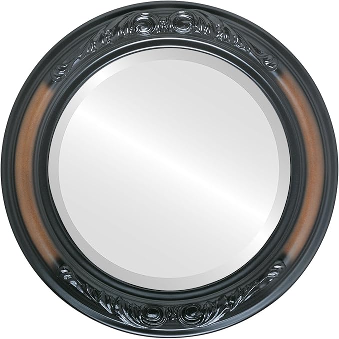 OVALCREST Round Beveled Wall Mirror for Home Decor - Florence Style - Walnut - 28x28 Outside Dimensions