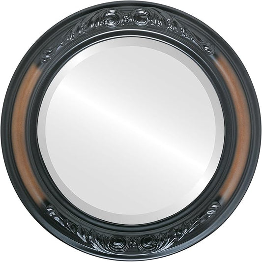 OVALCREST Round Beveled Wall Mirror for Home Decor - Florence Style - Walnut - 28x28 Outside Dimensions