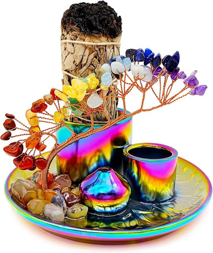 5 in 1 Incense Burner Holder with Crystal Tree for Burning Palo Santo Stick, Sage, Incense Sticks, Candle, Ceramic Tray Ash Catcher, Meditation Gift (Colorful)