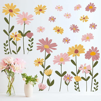 Mfault Floral Theme Wall Decals Stickers, Watercolor Flower Botanical Decorations Bedroom Art, Spring Summer Natural Wildflower Home Living Room Kitchen Decor