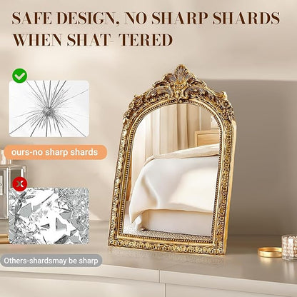 YUSONG Vintage Makeup Desk Mirror - 7" Gold Antique Mirror for Tabletop Resin Frame Decorative Wall Art for Living Room, Bedroom Decor, Vanity Table