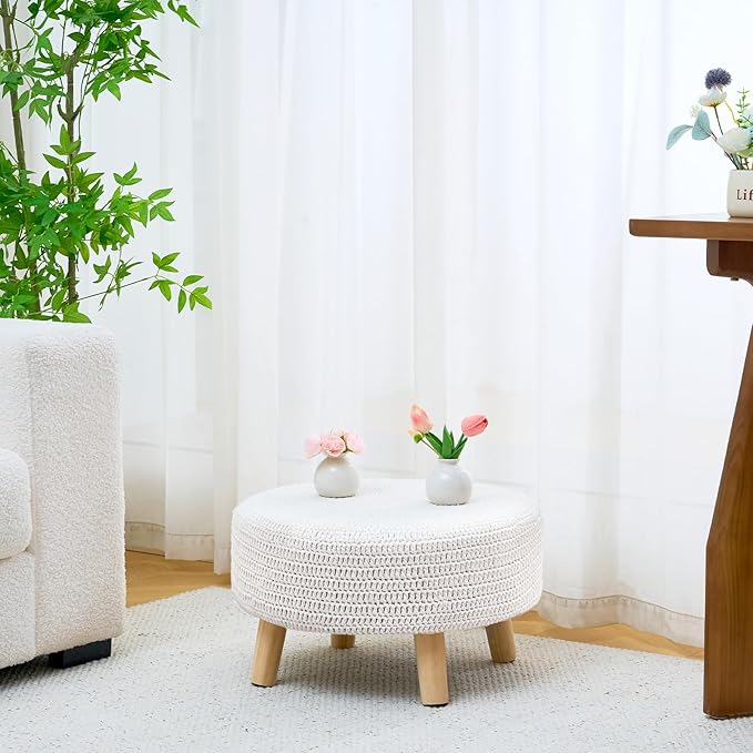 Wimarsbon Pouf Ottoman, 100% Cotton Knitted Boho Footstool, Round Footrest with Non-Skid Wood Legs, Home Décor Handmade Pouffe, Leisure Floor Step Stool for Living Room (20" White)