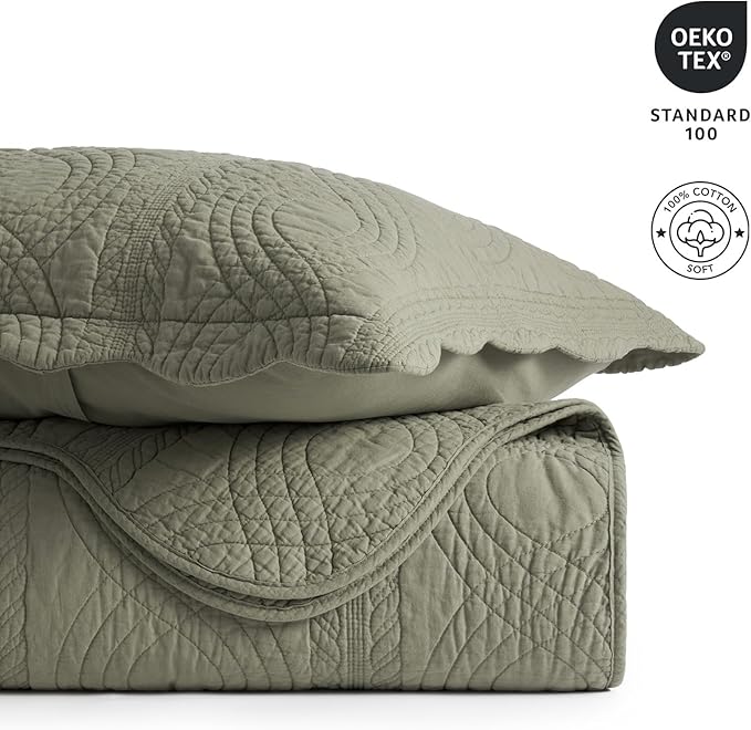 EVERGRACEHOME 100% Cotton Scallop Quilt Set, Queen Size 3 Piece Set – Lightweight Bedspread with 2 Shams, Soft Prewashed Matelasse Coverlet for Cozy and Elegant Bedding, Olive Green