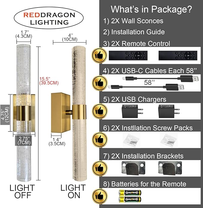 Cordless Rechargeable Crystal Wall Sconces Battery Operated Set of 2 | Brushed Gold Crystal Wall Lights Battery Sconces Wall Decor Picture Light for Living Room Bathroom Bedroom (2 Pack, Gold, 15.5'')