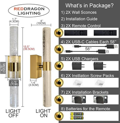 Cordless Rechargeable Crystal Wall Sconces Battery Operated Set of 2 | Brushed Gold Crystal Wall Lights Battery Sconces Wall Decor Picture Light for Living Room Bathroom Bedroom (2 Pack, Gold, 15.5'')