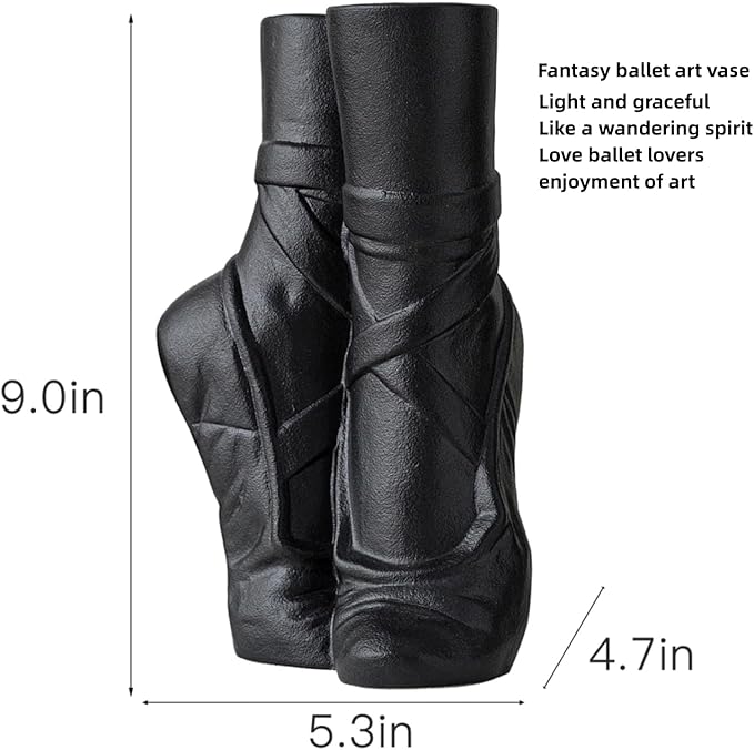 Fantasy Ballet Shoe Modern Ceramic Vase, Nordic Art Ins Style Decorative Aesthetic Foot Flower Vase for Home Living Room Table Bookshelf Decor (Matte Black W 6" X H 9")