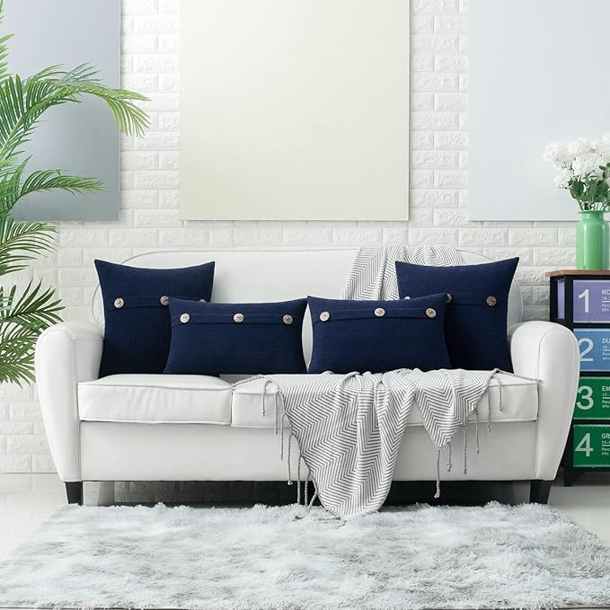 HWY 50 Navy Blue Chenille Throw Pillow Covers 18x18 Inch with Triple Buttons, Soft Farmhouse Accent Decorative Cushion Cases for Couch Sofa Bed Living Room Pack of 2