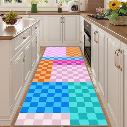 Multicolored Checkerboard Grid Runner for Entryway, 4x10ft, Boho Colorful Checkered Pattern Kids Playing Mat, Cozy Soft Absorbent Reduce Noise Rugs, Durable Washable Carpet for Family
