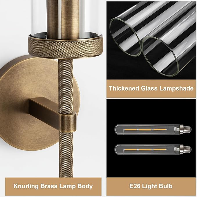 Bronze Wall Sconces White Light, 15'' Brushed Brass Knurled Bathroom Sconces Wall Lighting Vanity Light with Clear Glass, Indoor Wall Mount Light for Living Room Mirror Bedroom Stairs