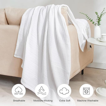 PHF 100% Cotton Muslin Throw Blanket 50" x 60", 4-Layer Lightweight Gauze Throw, Breathable Cloud-Soft Minimalist Blanket for Bed, Couch, Camping & Baby, White, Ideal Gift