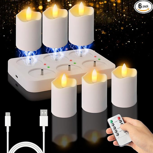 Rechargeable Tea Lights Candles with Remote Timer, 2" x 2.1" Flameless LED Candles with USB Charging Base, Small Votive Candle Electric Fake Candle for Wedding Table Decor Dining (6 Pack)