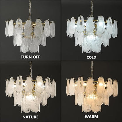 Gold Modern Chandelier 23in 9-Light Cloud Glass Pendant Light Mid Century Chandelier with White Shell Crystal Chandeliers for Bedroom Dining Room Living Room Kitchen Island Foyer