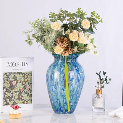 Glass Vases for Flower, Unique Hand Blown Blue Glass Vase, Modern Art Decorative for Home Living Room, Office, Table centerpieces, Bookshelves and Wedding Decorations (JG30)