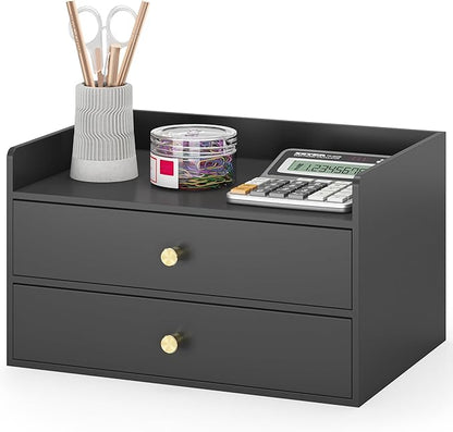 Bamboo Desk Organizer with Drawers Wooden Desktop Storage Drawers for Bills Office Supplies Kitchen Utensils Organizing Tool for Home Classroom Organization No Assembly (2 Drawers, Black)