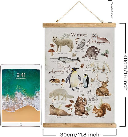 XIAOAIKA Winter Wildlife Educational Poster - Illustrated Arctic Animals Chart with Wooden Frame - Seasonal Nature Wall Art for Classroom, Home, or Nature Center 12 x 16 Inches