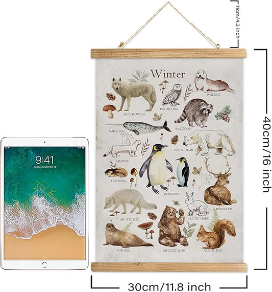 XIAOAIKA Winter Wildlife Educational Poster - Illustrated Arctic Animals Chart with Wooden Frame - Seasonal Nature Wall Art for Classroom, Home, or Nature Center 12 x 16 Inches