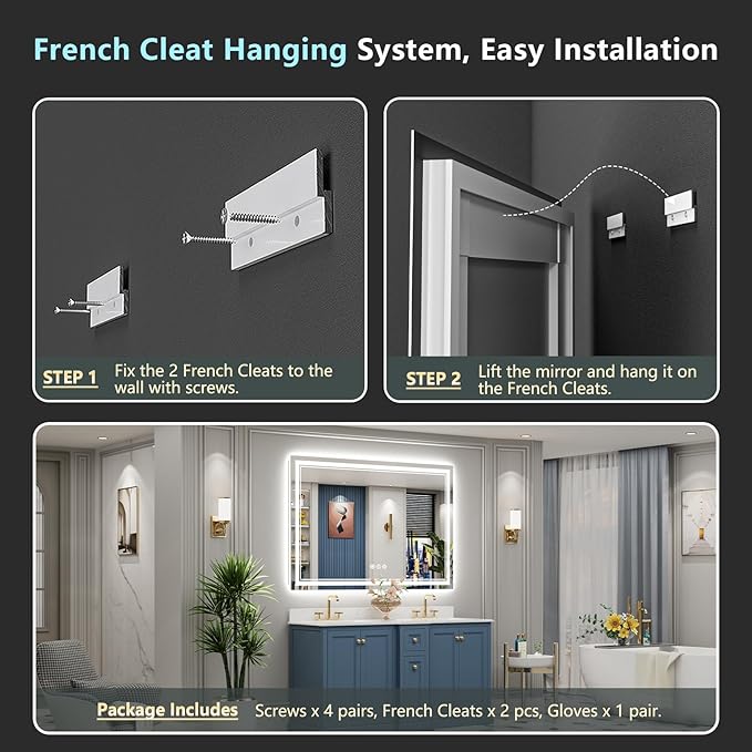 60x30 LED Bathroom Mirror with Lights, Backlit & Front Lit, Anti-Fog Frameless Lighted Vanity Mirrors for Bathroom Wall, Dimmable, 3-Color Light, Memory, Shatter-Proof, Tempered Glass, CRI＞90
