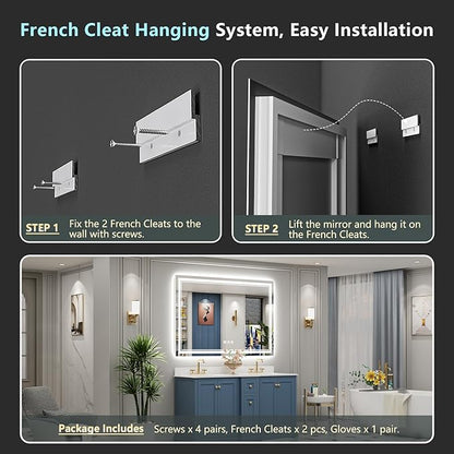 60x40 LED Bathroom Mirror with Lights, Backlit and Front Lit, Anti-Fog Lighted Vanity Mirrors for Bathroom Wall, Dimmable, 3-Color Light, Memory, Shatter-Proof, HD Tempered Glass, CRI＞90