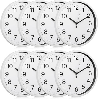 Inbagi 8 Pcs Wall Clock Large Silent Battery Operated Wall Clocks Modern Non Ticking Wall Clocks Bulk Decorative for Kitchen Office Living Room Home Bathroom Bedroom Classroom(White,10 Inch)