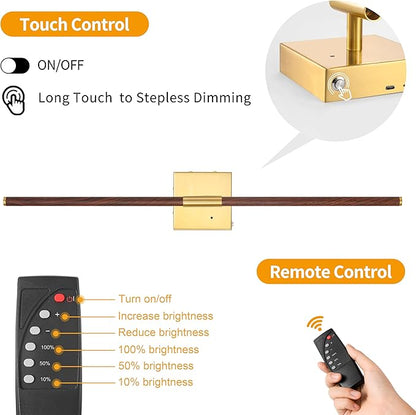 Battery Operated Wall Sconce Single, Walnut Gold Rechargeable Wall Sconce with Remote, Dimmable Sconce Wall Light, 30 Inch LED Wireless Wall Light for Background Wall, Bedroom,Living Room