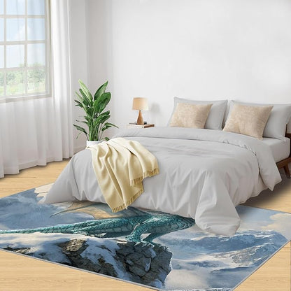 Dragon Area Rug 4x5 Washable Rug Fantasy Animals Rugs for Living Room Winter Landscape Non Slip Carpet Floral Print Mat Bedroom Bathroom