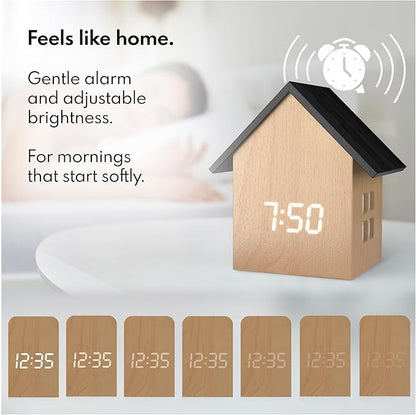 Driini Digital House-Shaped Alarm Clock with Temperature Display (Light Wood) – Modern Aesthetic - Cute Cube Frame and White LED Dimmer - Perfect Large Desk Clock for Bedside Table or Bedroom Mantle