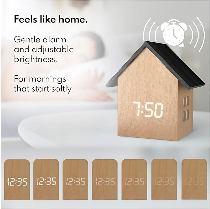 Driini Digital House-Shaped Alarm Clock with Temperature Display (Light Wood) – Modern Aesthetic - Cute Cube Frame and White LED Dimmer - Perfect Small Desk Clock for Bedside Table or Bedroom Mantle
