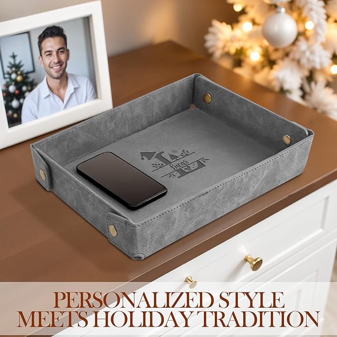 Engraved Christmas Gray Leather Valet Tray – Personalized Rectangle Catchall Organizer for Wallet, Keys, and Jewelry – Gift for Men, Dad, Couples – Dresser Top or Coffee Table Tray Decor