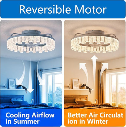 Rustic Silver Caged Ceiling Fan with Light, Personalized Fashion Ceiling Fan Remote Control with Acrylic, LED Low Profile Ceiling Light for Bedroom Kitchen Living Room