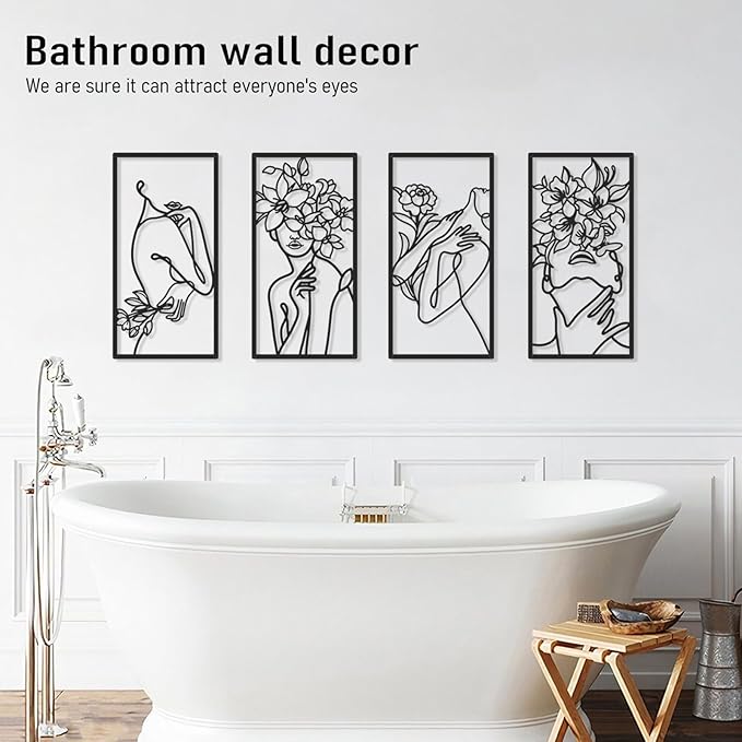 Bakovity Black Metal Wall Decor, Abstract Woman Wall Art, Minimalist Line Decor, Modern Aesthetic Metal Wall Art for Bedroom Bathroom Living Room (4 Pcs, 17 x 9 in)