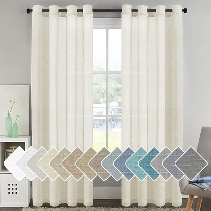 H.VERSAILTEX Elegant Natural Linen Curtain Panels Energy Efficient Semi - Sheers Linen Curtains/Nickel Grommet Window Treatments Panels/Drapes (Set of 2, 52 by 96 Inch, Ivory)