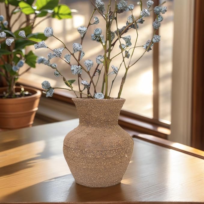 Rustic Wide Mouth Ceramic Flower Vase - Vintage Farmhouse Style Decor, Handmade Clay Pottery Terracotta Textured for Living Room, Office Desk Table Shelf (Dark brown3)