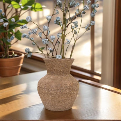 Rustic Wide Mouth Ceramic Flower Vase - Vintage Farmhouse Style Decor, Handmade Clay Pottery Terracotta Textured for Living Room, Office Desk Table Shelf (Dark brown3)