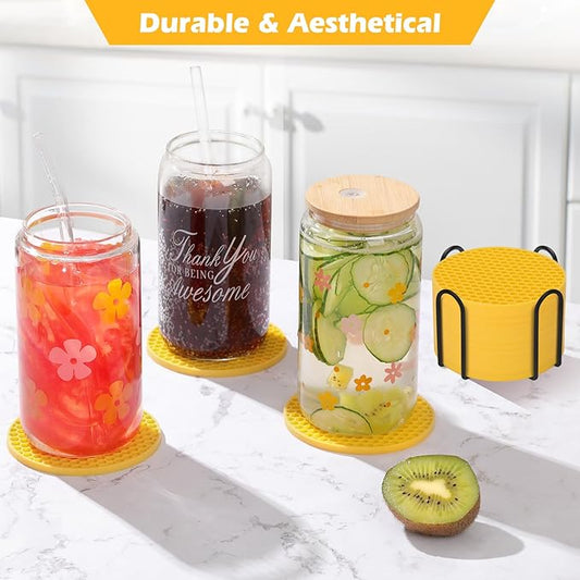 Coasters Set of 6 with Holder,Coasters for Drinks,Coffee Table Decor Coaster,Suitable for Kinds Cups,Anti-Slip,Non-Stick,Silicone Cup Coaster and Living Room Decor (6 Pcs, Yellow)