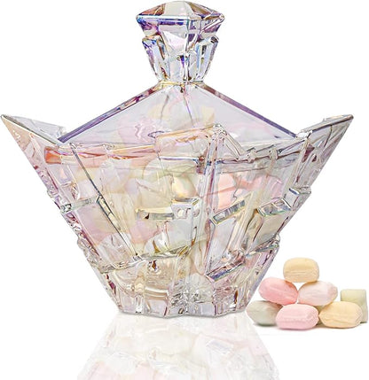 M&N HOME Glass Candy Dish with Lid - Pearl Colored Crystal Candy Bowl, 24 Oz. Extra Large Candy Dish, Unique