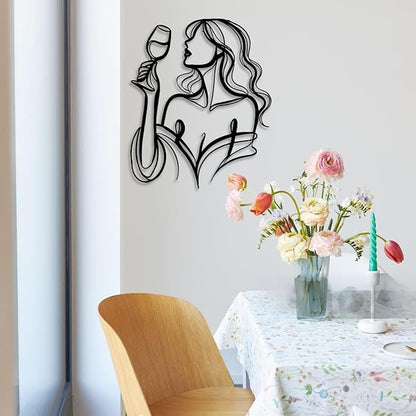 LIYOUYA Drinking Woman Metal Wall Decor - Wine Art Decor Simple Black Wall Art Home Decor for Living Room, Dining Room, Bar (Black)