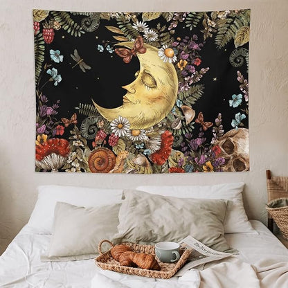 Boho Moon Tapestry Wall Hanging,Vintage Sun and Moon Skull Hippie Mushroom Floral Plant Tapestries for Dorm Living Room Bedroom Decor(60"x80")