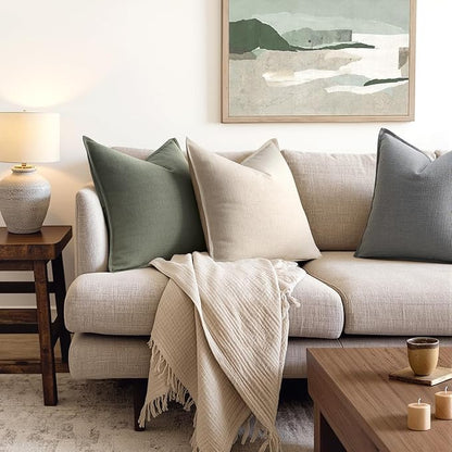 MIULEE Pack of 2 Thick Textured Couch Throw Pillow Covers, Olive Green Decorative Pillow Covers 22x22, Neutral Linen Cushion Cases for Sofa Bed Living Room Modern Farmhouse Home Decor, No Filling