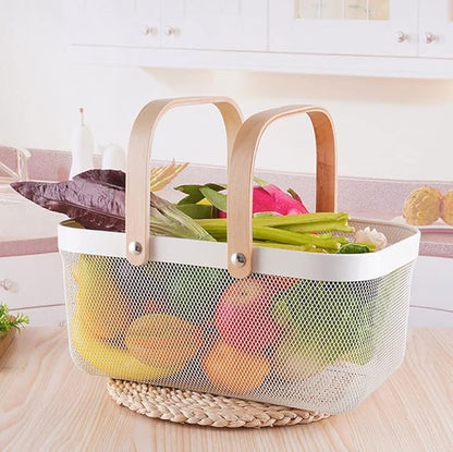 IBWell Square Metal Wire Woven Fruit Storage Bowl Basket with Wooden Handle, Large Black Mesh Fruit Stand, Multi-function Hanging Kitchen Baskets (White, Extended)