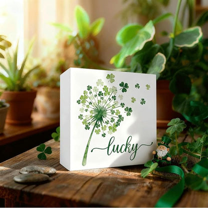 St Patrick's Day Table Decor Lucky Shamrock Wooden Box Sign, Minimal Irish Themed Tabletop Decor for Home Shelf Desk Entryway, Farmhouse Holiday Wooden Decoration for Spring Display 5 x 5 Inches