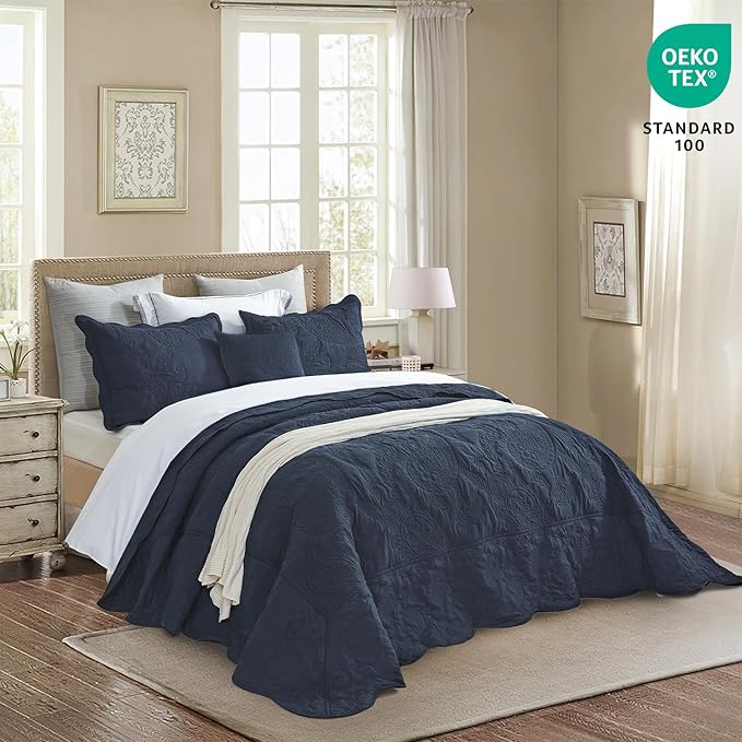 HZ & HY Oversized King Bedspread, Quilted Coverlet Bedding Set, Lightweight Thin Comforter, Reversible, Luxurious, 5 Piece, 100% Microfiber, Navy Blue