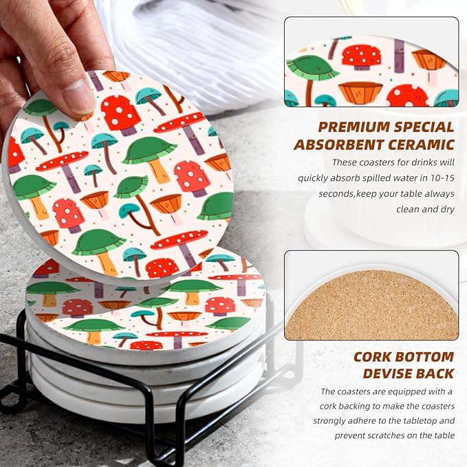 Coasters Set of 6 Ceramic Drink Coaster with Cork Base Modern Style Coasters for Mugs and Cups Office Kitchen 4 in