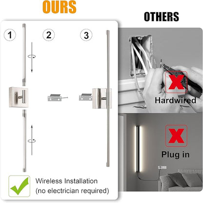 Battery Operated Wall Sconces Set of 2, Dimmable Battery Wall Sconce with Remote Control, Sand-Nickel LED Rechargeable Sconces, 24 Inch Modern Wireless Wall Lights for Bedroom, Living Room