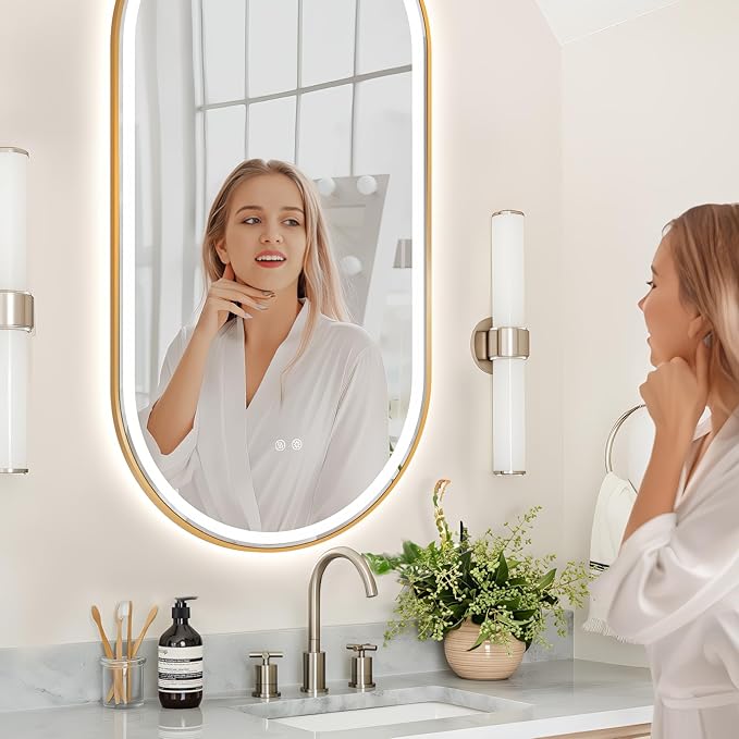 Niccy Oval LED Mirror for Bathroom, 55x28 Front Lit + Backlit Vanity Mirrors with Light Anti-Fog, Shatter-Proof, 3 Colors, Makeup Mirror with Old Gold Frame (Horizontal/Vertical)