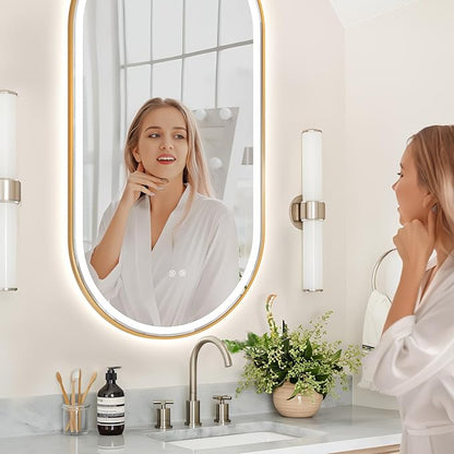 Niccy Oval LED Mirror for Bathroom, 55x28 Front Lit + Backlit Vanity Mirrors with Light Anti-Fog, Shatter-Proof, 3 Colors, Makeup Mirror with Old Gold Frame (Horizontal/Vertical)