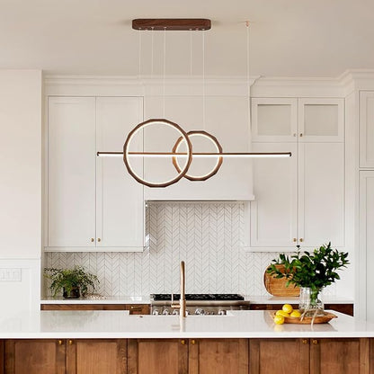 HEYAN 43" Farmhouse Pendant Light in Walnut Wood Finish, Light Fixtures Over Table，Double Multi-Faceted Metal Ring Long Linear Kitchen Island Lighting for Dining Room Table Coffee Bar Counter