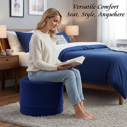 LITA Round Stuffed Pouf Ottoman, Corduroy Poufs with High-Density Foam Filling and Washable Cover, Furry and Fluffy Bean Bag Foot Stools Ottoman for Living Room, Bedroom, Office, Navy Blue